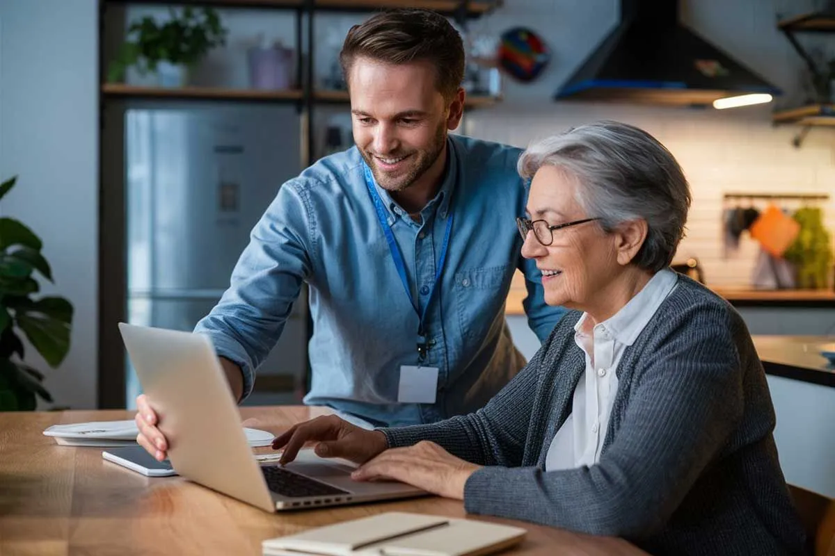 Computer technician providing computer help for an elderly woman at her kitchen table